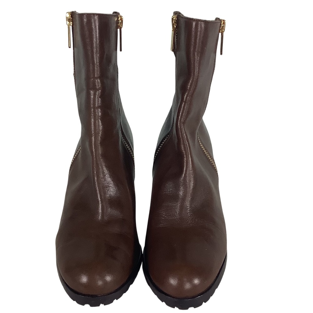 Michael Kors‎ Brown Leather Wedge Ankle Boots Gold Zip Lug Sole Womens 7.5M